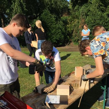 Die Schüler des Gymnasium Leoninum in Handrup bauen Insektenhotels zusammen. Foto: Nora Künkler