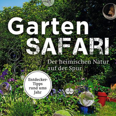 Das Buchcover bildet den Titel Gartensafari vor einem üppig grünen Garten und diversen Detailfotos von Gartentieren ab.