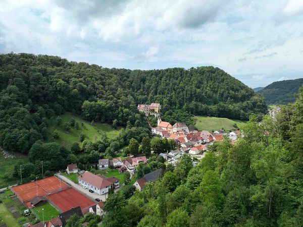 Sielmanns Waldbioptop Schwäbische Alb mit Blick auf Schloss Weißenstein.